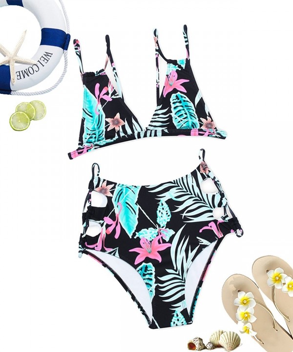 High Waisted Print Bikini Set- Cut Out Strappy Swimsuit For Women ...