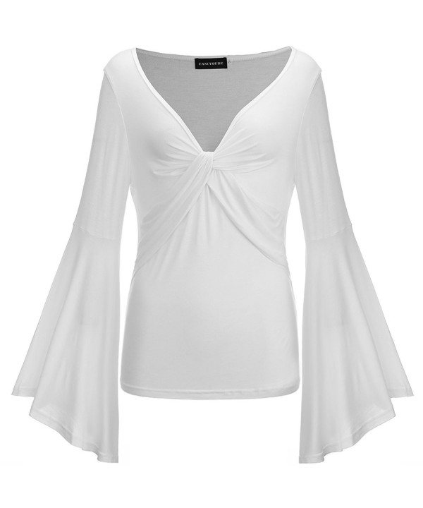 Women's Sexy V-Neck Twist Knot Front Long Bell Sleeve Blouse Tops White  CA188O26Y64