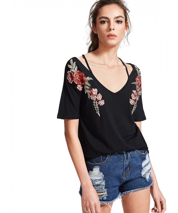 Women's Rose Embroidered Short Sleeve Summer Cold Shoulder T Shirt ...