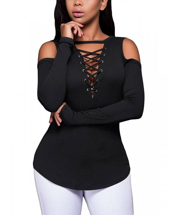 Hibluco Shoulder Blouses Lace up T shirts