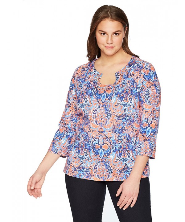 Women's Plus Size 3/4 Sleeve Keyhole-Neck Printed Cotton Knit Top ...