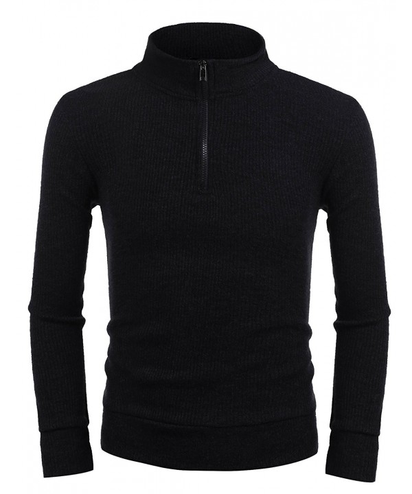 Men's Long Sleeve Knitted Ribbed Sweaters Turtleneck Zip Slim Fit ...