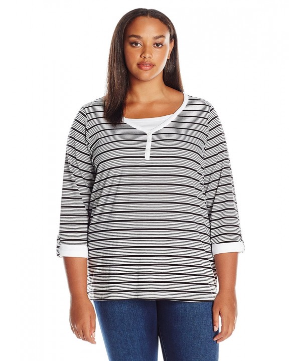 Women's Plus Size 3/4 Stripe Top With Roll Tab Sleeves - Arctic White ...