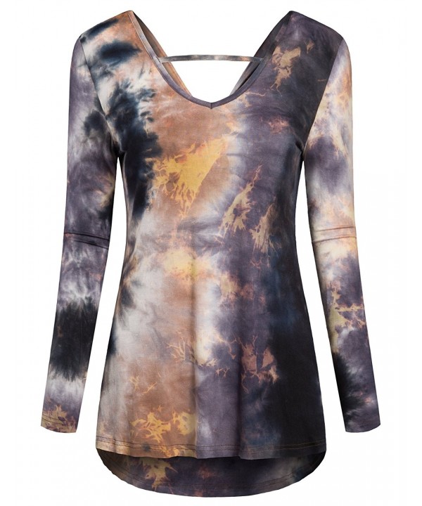 Women V Neck Tie Dye High Low Hem Long Sleeve Open Back Pleated Tunic ...