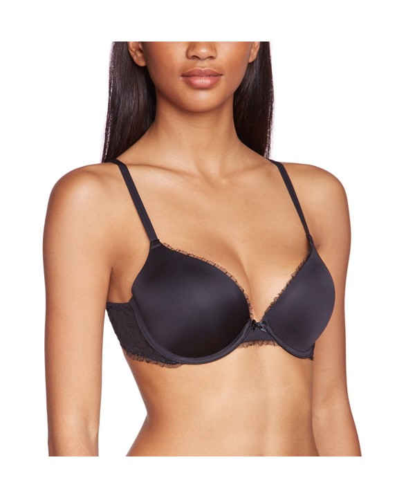 Black Satin Embroidered Trim Push Up Bra