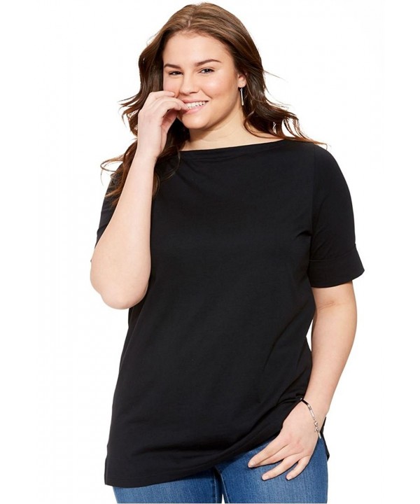 Women's Plus Size Perfect Boatneck Tee With Cuffed Elbow Length Sleeves ...