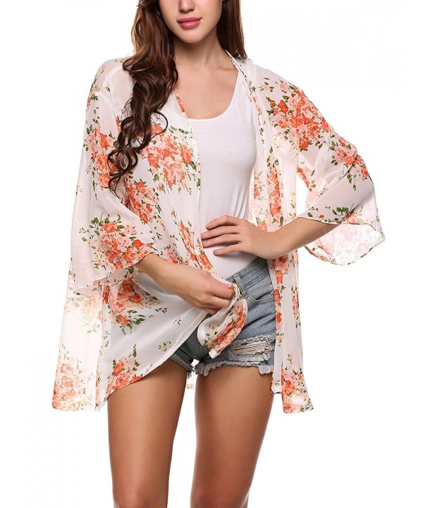 Women's Floral Print 3/4 Sleeve Sheer Chiffon Cover Up Loose Kimono ...