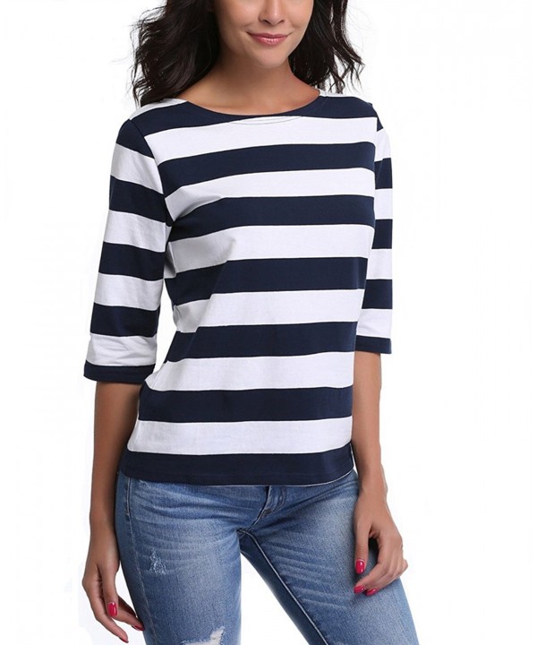 Women's Round Neck 3/4 Sleeves Striped Casual Tee T-shirt - Dark Blue ...