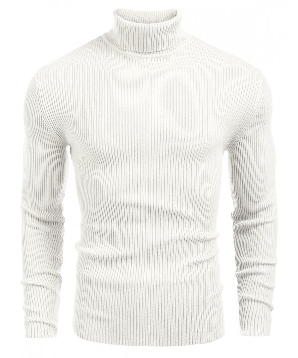 Mens Ribbed Slim Fit Knitted Pullover Turtleneck Sweater - White ...