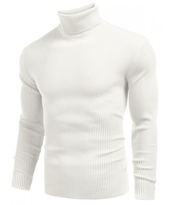Mens Ribbed Slim Fit Knitted Pullover Turtleneck Sweater - White ...