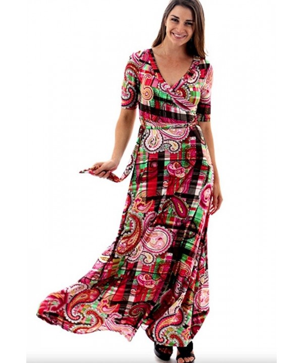 Women's Faux Wrap Knit Print Maxi Dress - Pink Paisley Plaid - C012FUWJ2KD