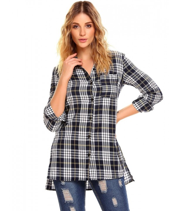 Women Casual Loose Mid-Long Roll Up Sleeve Plaid Flannel Button Down ...