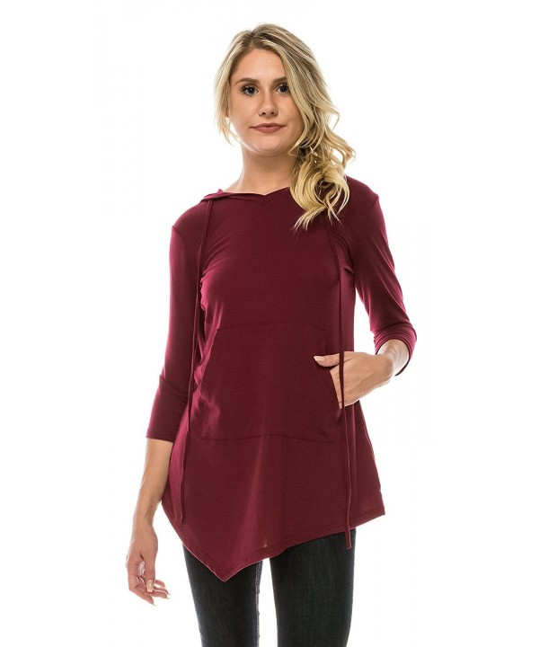 Womens Hoodie 3/4 Sleeve Casual Pocket Tunic Shirts - Wine - C018609TU57