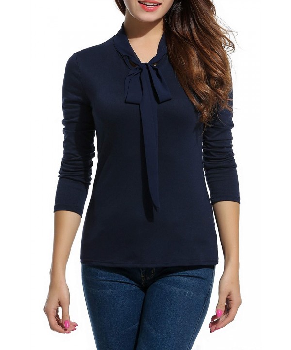 Women Tie Bow Neck Long Sleeve Slim Fit Casual Work Business Top Blouse ...