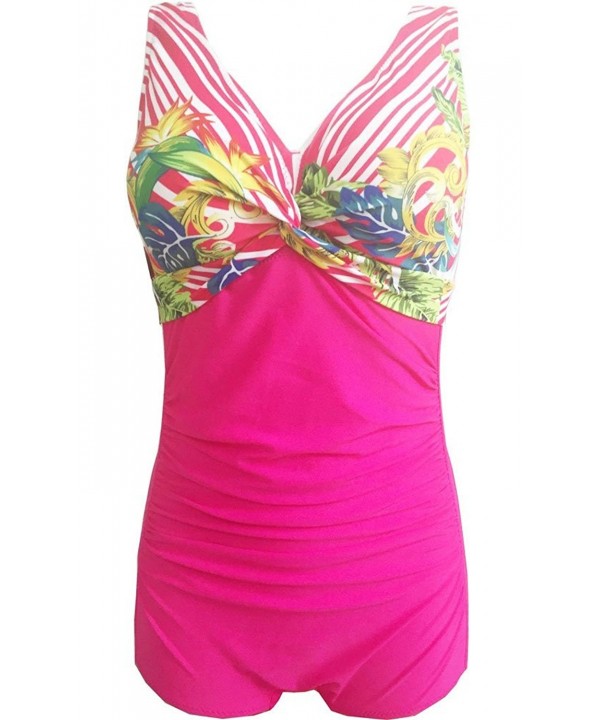 Women's Striped Floral Slimming Boy-Leg One Piece Swimsuits - Pink ...