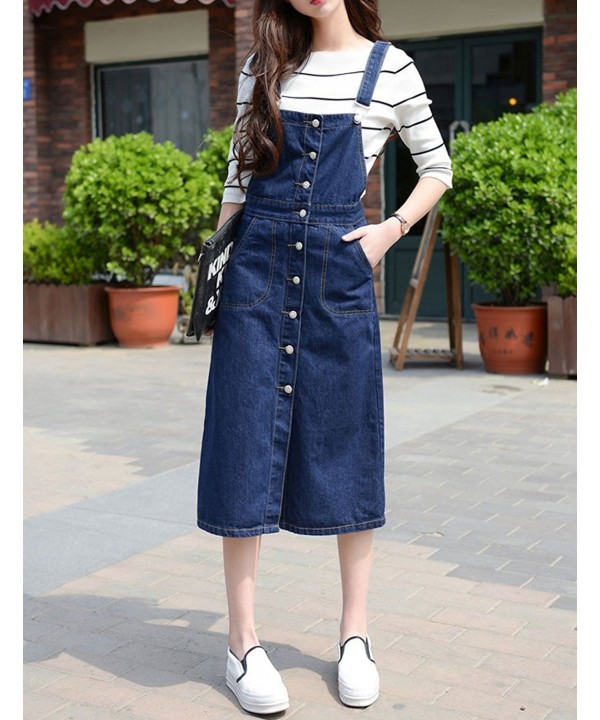 Women's Button Front Midi Long Denim Jean Suspender Overall Dress Skirt ...