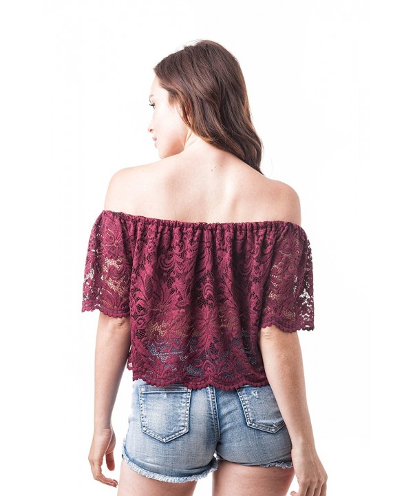 Short Sleeve Lace Off The Shoulder Crop Top - Burgundy - CL182QCDD9D
