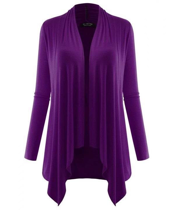 Women's Long Sleeve Draped Open Cardigan - Acdlr007_eggplant - CM186GEX4YK