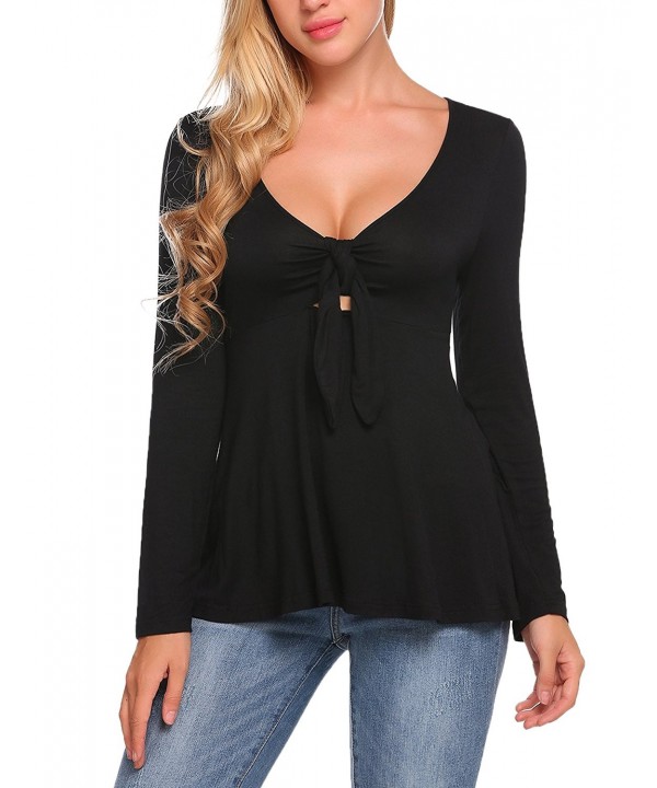 Women's Deep V-Neck Tie Front Peplum Top Long Sleeve T-Shirt Blouse ...