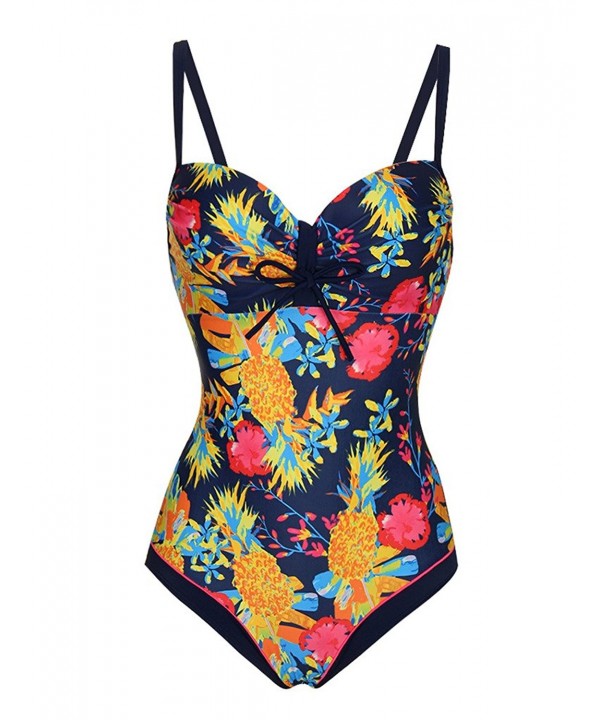 Women's Retro One Piece Bikini Floral Monokinis Swimsuit - Navy Blue ...