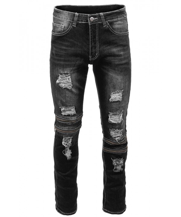 Mens Hipster Distressed Slim Fit Stretch Jeans W/Zipper Accents Denim ...