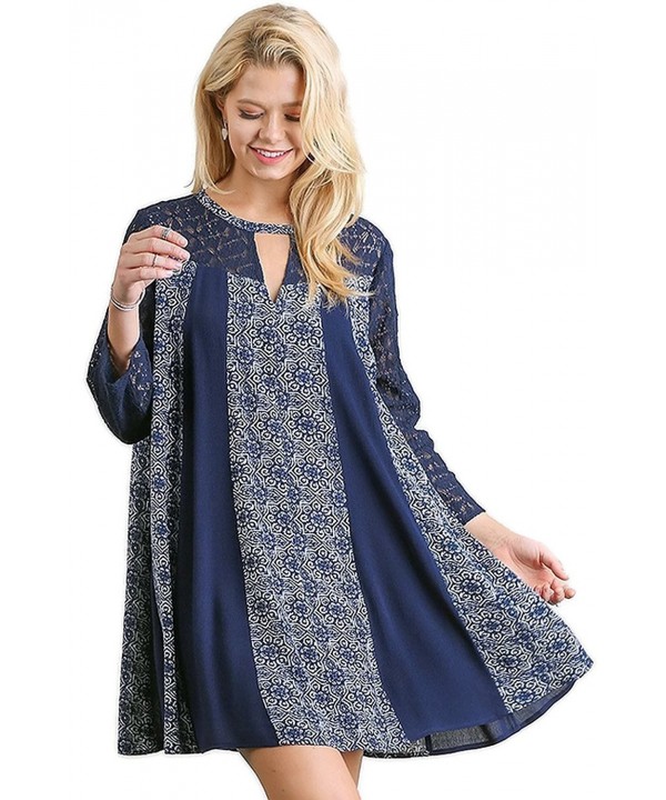 Bohemian Keyhole Lace Sleeve Swing Tunic Dress - Navy Mix - CG17YSKOUXU