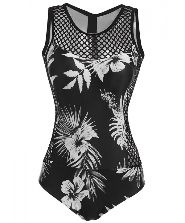 Womens Lace Hollow Out Monokini Print High Neck One Piece Swimsuits ...