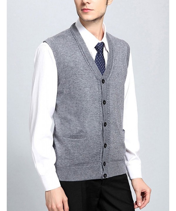 Men's V Neck Wool Cashmere Sleeveless Button Down Sweater Vest ...