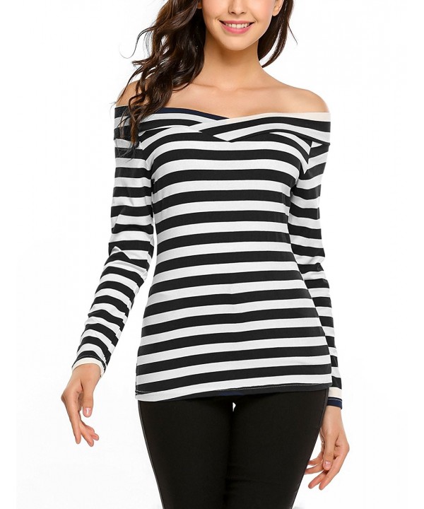 Women's Slim Fit Striped Off Shoulder Long Sleeve Stretchy Blouse Tops ...