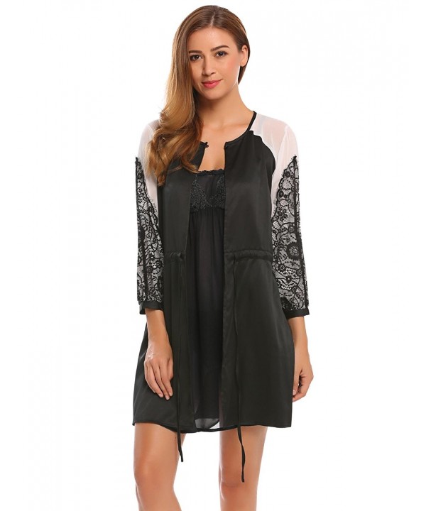 Women Satin Robe Long Sleeve Lace Nightgown Sheer Mesh Sleepwear Dress ...