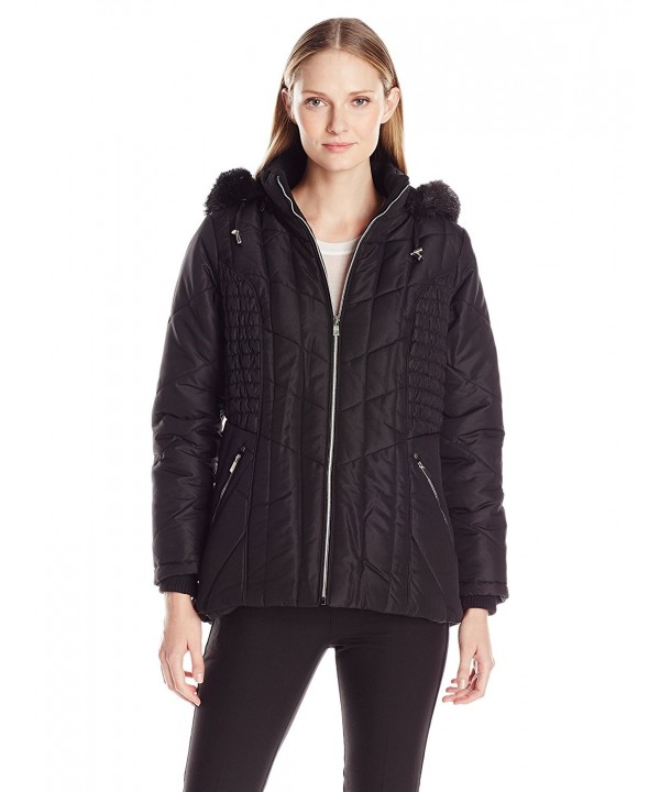 Women's Puffer Coat With Braided Rouched Side - Black - CV12J5DCX81