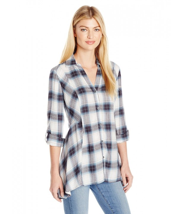 Women's ries Roll-Sleeve Plaid Top With Sharkbite Hem - blue coast ...