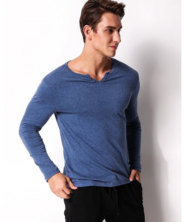 Men's Long Sleeve T Shirt Cotton Tee Shirts V Neck Slim Fit Tops - Blue ...