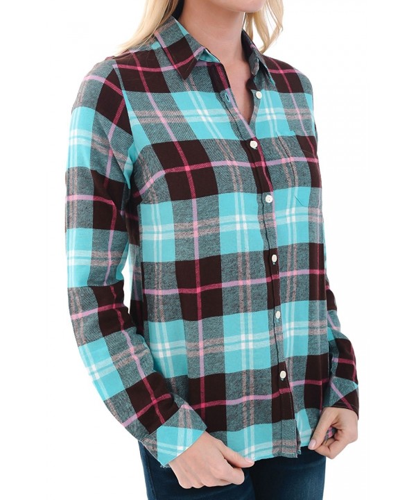 Womens Flannel Shirt- Button-Down Cotton Boyfriend Top - Teal and Brown Plaid - C312ED06MVP