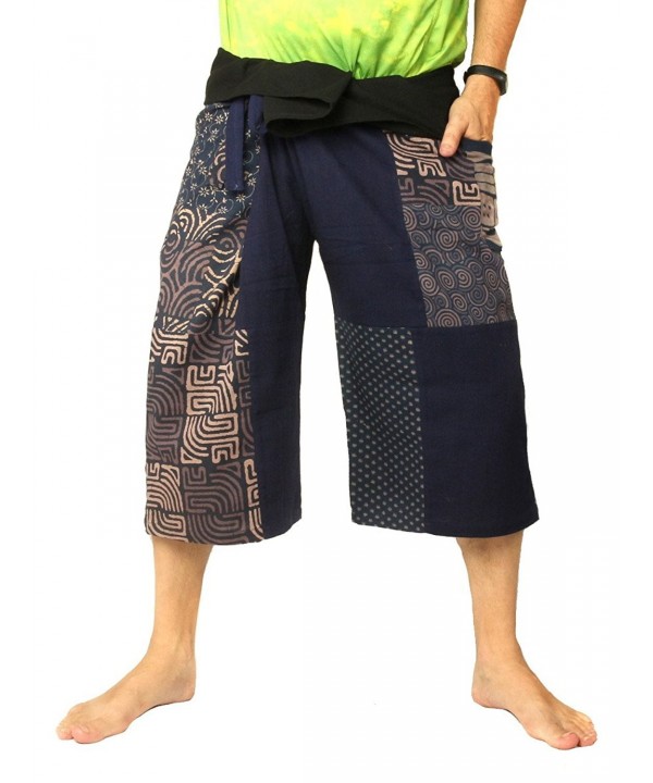 Men's Thai Fisherman Wrap Pants Short Patchwork - Blue - C9185W876HM