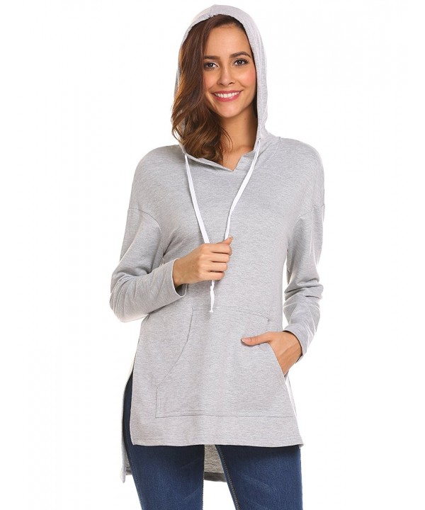 Womens's Side Slit Pullover Ribbed Drawstring Sweatshirt Hoodie - Grey ...