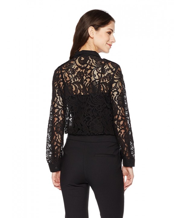 Women's Long Sleeve Lace Black Shirt - Black - CI184XQTD7A
