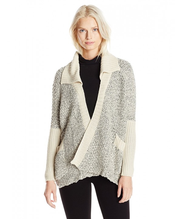 Women's Drape Textured Cardigan Sweater With Collar - White Beach/Black ...