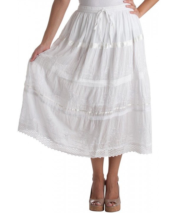 Solid Embroidered Gypsy / Bohemian Mid Length Cotton Skirt - White ...