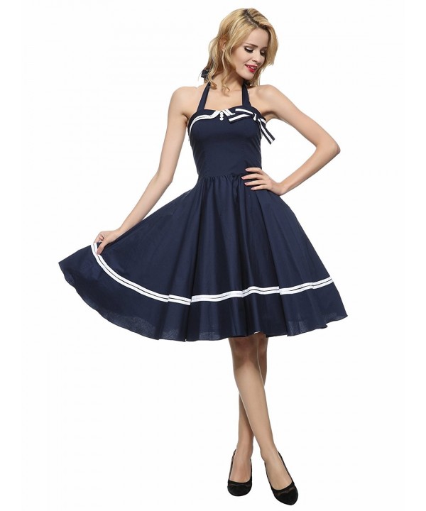 Women's 1950s Halter Vintage Rockabilly Dress - Navy Blue - C611L6OWJ0Z