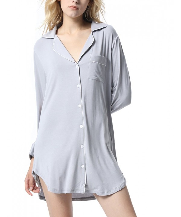 Womens Sleep Shirt-Luxury Boyfriend Long Sleeve Cotton Pajamas - Grey