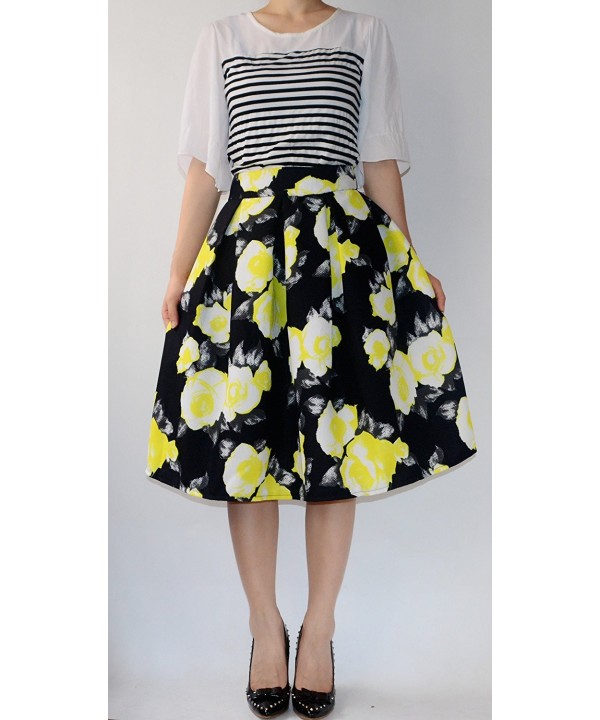 Women's Midi Skirt High Waist A-Line Pleated Yellow Flower Cotton OL ...