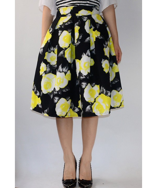 Women's Midi Skirt High Waist A-Line Pleated Yellow Flower Cotton OL ...