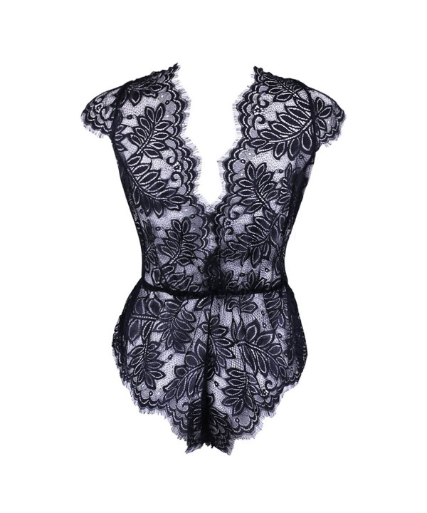 Sexy Lingerie Lace Teddy Plunging Neck and Lace-up Back - Black ...