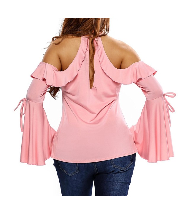 Women's Sexy Cold Shoulder Bell Sleeve Ruffle Blouse Halter Neck Tops ...