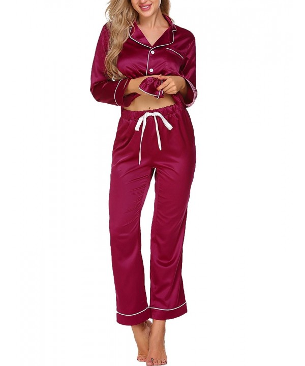 PJ Sets Womens Satin Pajamas Long Button-Down Sleepwear Set Loungewear ...